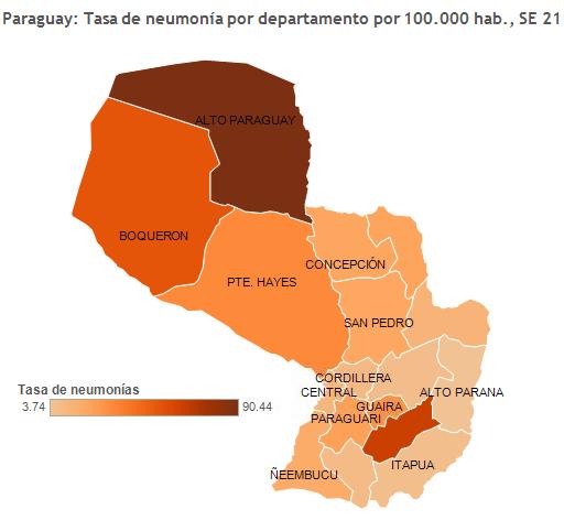 Paraguay: ARI rates by department and by 100,000 hab. EW 21, 2015 Paraguay: Pneumonia rates by department and by 100,000 hab.