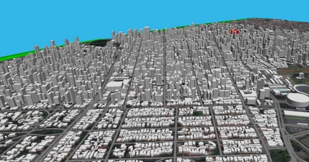 Fig. 1 Vista 3D del modelo del área piloto de São Paulo El área piloto tiene aproximadamente un área de 3 km x 3 km incluyendo 12852 edificios y 665 calles / carreteras.