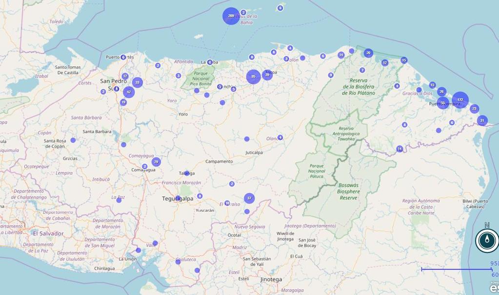 Número de casos por conjunto de localidades, Honduras 2017 *1062 casos mapeados de los 1287 casos (83%)