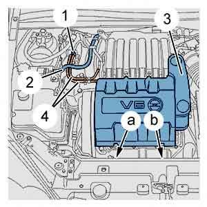 Desconectar los bornes positivo y negativo de la batería. Mantener el motor con la ayuda de una grúa de taller ( lado derecho). Figura : b1bp2bhc Desmontar la tapa-estilo motor.