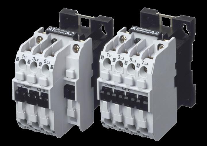 Contactores CI 6 CI 50 para tensión de bobina de c.a. (sin contactos auxiliares incorporados) Los contactores de Danfoss CI 6 CI 50 cubren el rango de potencia entre 2,2 25 kw.