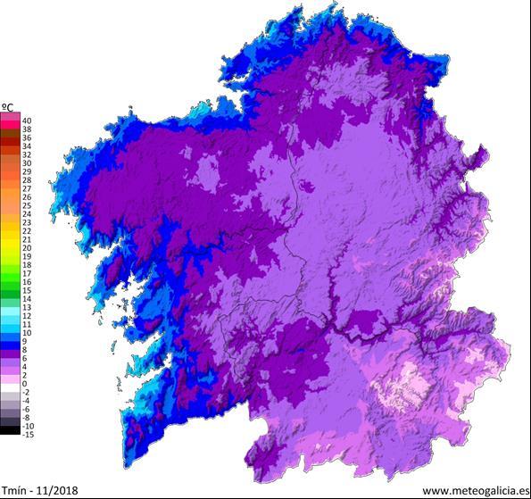 banda os valores máis altos déronse principalmente na comarca do Ribeiro, Baixo Miño e ría de Vigo, con valores ao redor dos 16 ºC. 5.2. Temperatura media das mínimas.