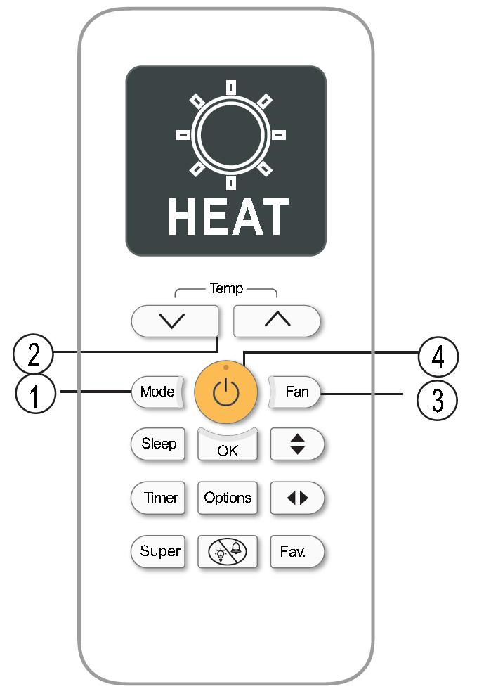 Cómo utilizar los botones Funcionamiento en modo HEAT (Calefacción) 1. Pulse el botón MODE para seleccionar el modo HEAT. 2. Pulse los botones arriba/abajo para ajustar la temperatura deseada. 3.
