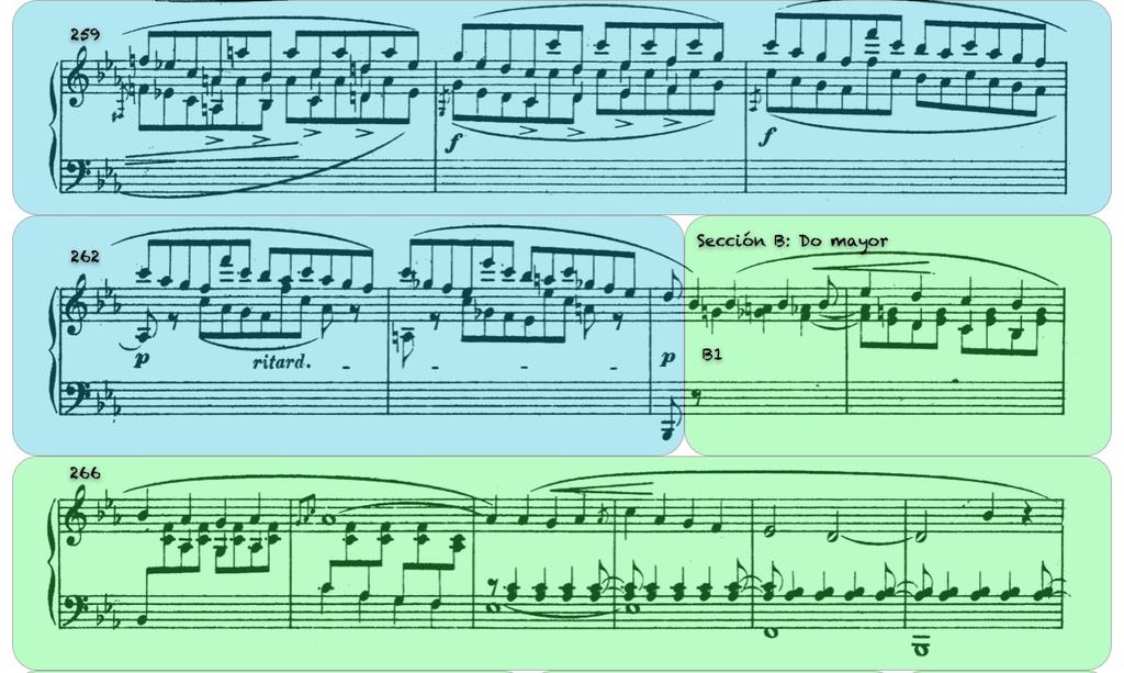 En los siguientes diagramas podemos observar uno de los cambios de textura en la Recapitulación de la Fantasía de Schumann, entre la Transición, de carácter orquestal, y la segunda sección, de