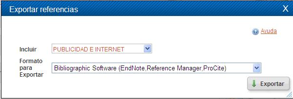El formato de exportación a seleccionar es Bibliographic software (Endnote, Reference Manager, ProCite). Luego pinchamos en Exportar. Se guarda un archivo de texto.
