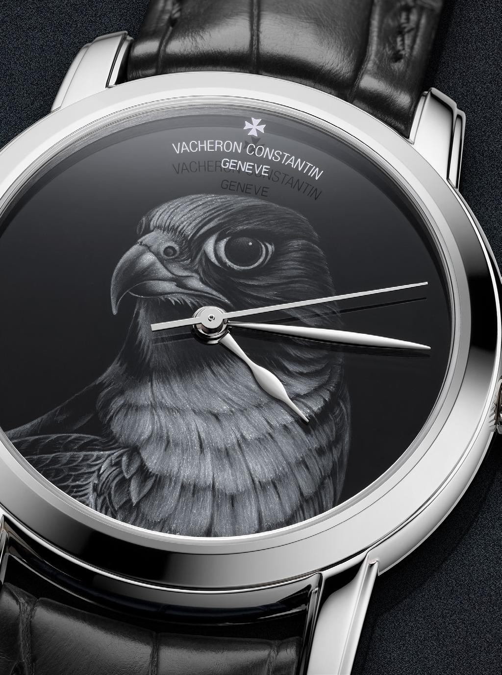 GRISALLA: Un halcón para doblegar el tiempo La fuerza y gracia del halcón, rey de las aves, ha inspirado la decoración de esmalte grisalla Grand Feu "Blanc de Limoges" que engalana la esfera de este