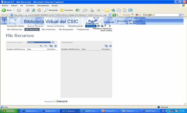 7. La personalización de la interfaz del Portal de Metalib La Biblioteca Virtual del, con Metalib, permite al usuario variadas opciones totalmente personalizadas en función de su interés particular.