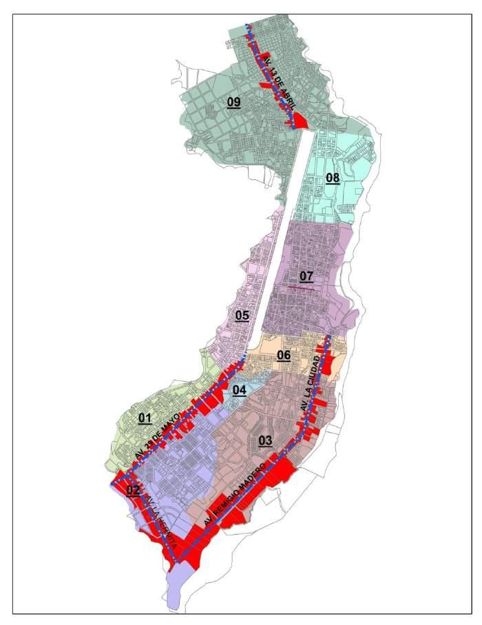 Mapa No. 25: Macas. Zonificación de usos específicos. Ejes Urbanos a. AVENIDA 29 DE MAYO Se localiza al suroeste de la ciudad entre las Zonas de Planificación: 1, 2 y 4, principalmente.