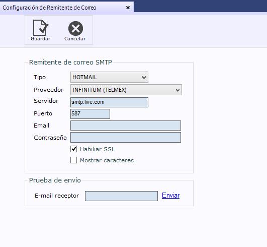 8 Configuración de Remitente de Correo Menú Empresa >> Remitente de Correo. Esta configuración sirve para que el programa pueda enviar las facturas a través de un correo de la empresa.