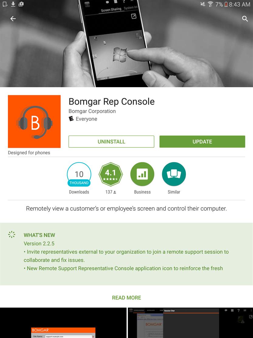 Instale la consola de técnico de soporte en Android Puede descargar de forma gratuita la consola de técnico de soporte Bomgar para Android en Google Play.