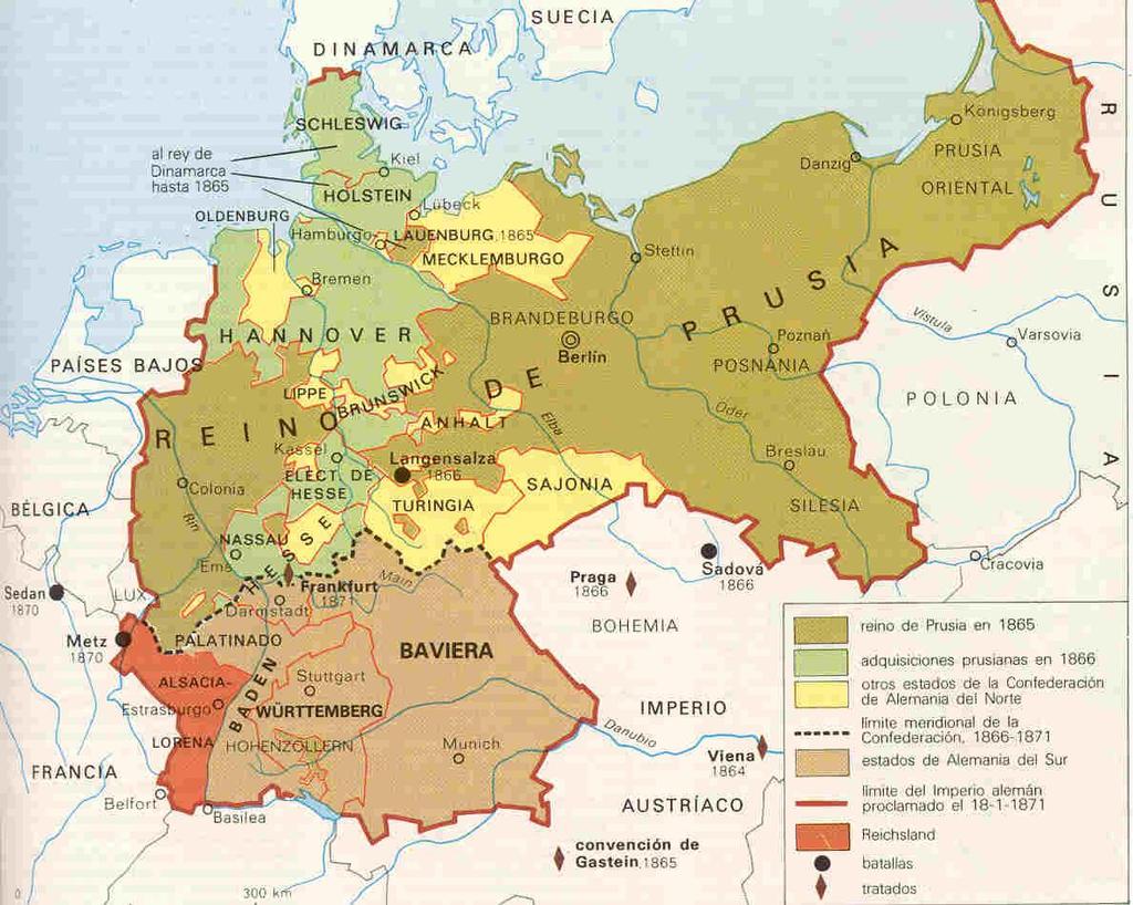 La guerra austro-prusiana (1866): Prusia consigue una rápida victoria contra los austríacos en Sadowa, por lo que Austria (que pierde también Venecia en esta guerra a favor de Italia) queda al margen