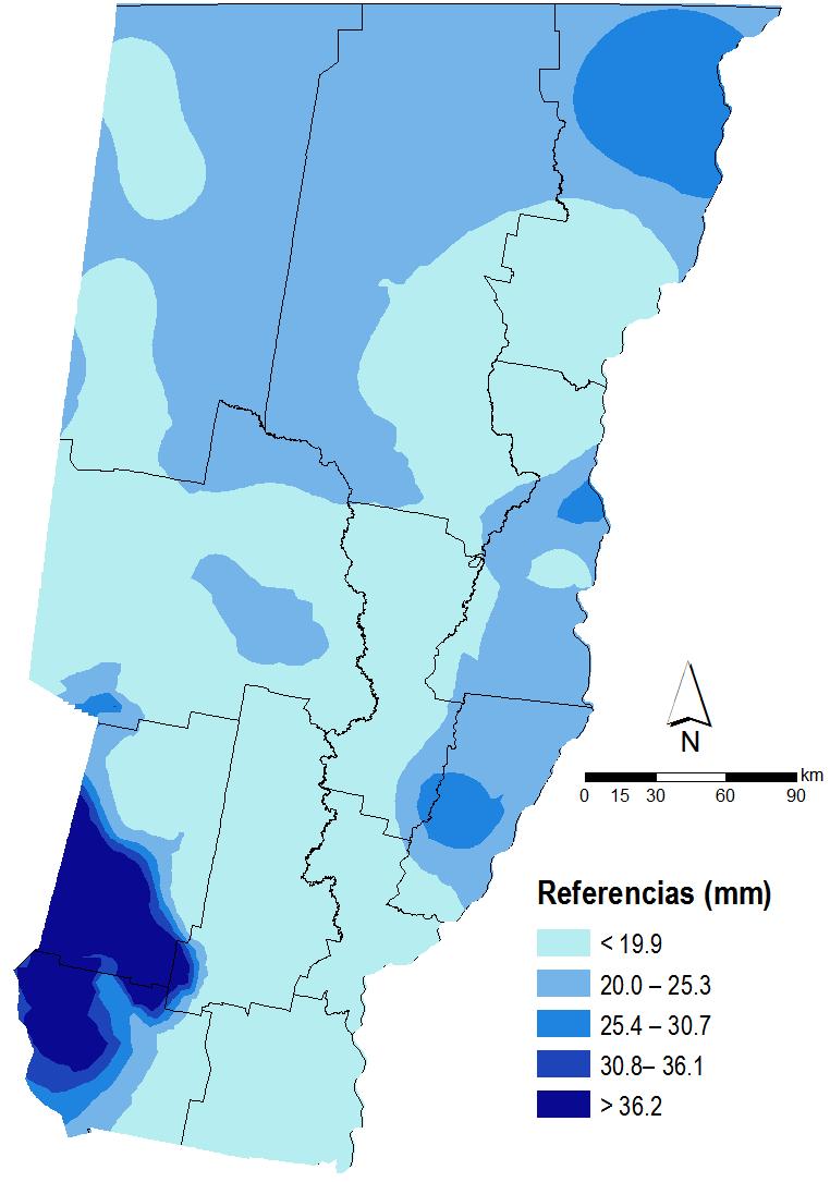 Mapa nº 1: Agua Útil (AU) ( 2 cm) En la superficie que comprenden los departamentos del centro-norte de la provincia de Santa Fe, la disponibilidad de agua útil en los perfiles de suelos fue normal