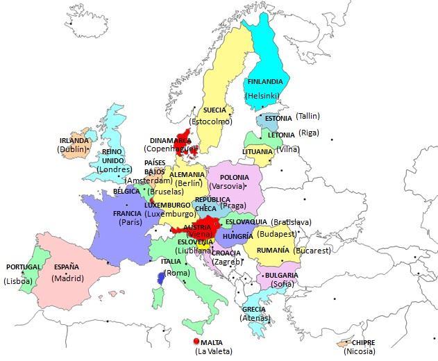 PAÍSES MIEMBROS DE LA UNIÓN EUROPEA Comenzamos el viaje por la Unión Europea saliendo desde la PUERTA DEL SOL de Madrid, kilómetro cero de España provistos de un mapa de los países de la UE para