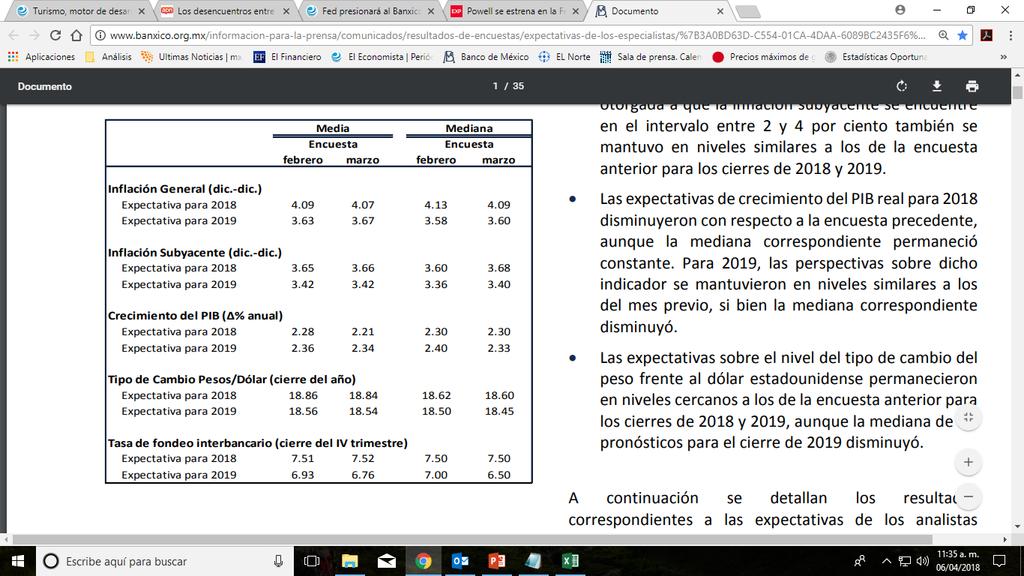 Panorama económico 2018-2019 Banco de México: Encuesta sobre las Expecta>vas de los Especialistas en Economía del Sector Privado (2- abril- 2018) Resumen y pronósticos q Además de las próximas