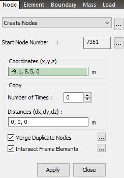 Crear Nudos 1 2 4 Node/Element> Create Nodes 1. Inserte coordenadas de primer punto (-9.1, 8.5, 0) m 2. Clic Apply. 3.