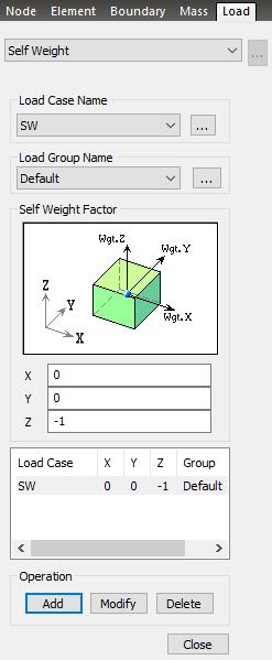 Asignación de Peso Propio 1 Load > Static Loads > Self Weight 1. Seleccione Load Case Name SW 2. Self Weight Factor -1 en dirección Z 3. ClicAdd 4.