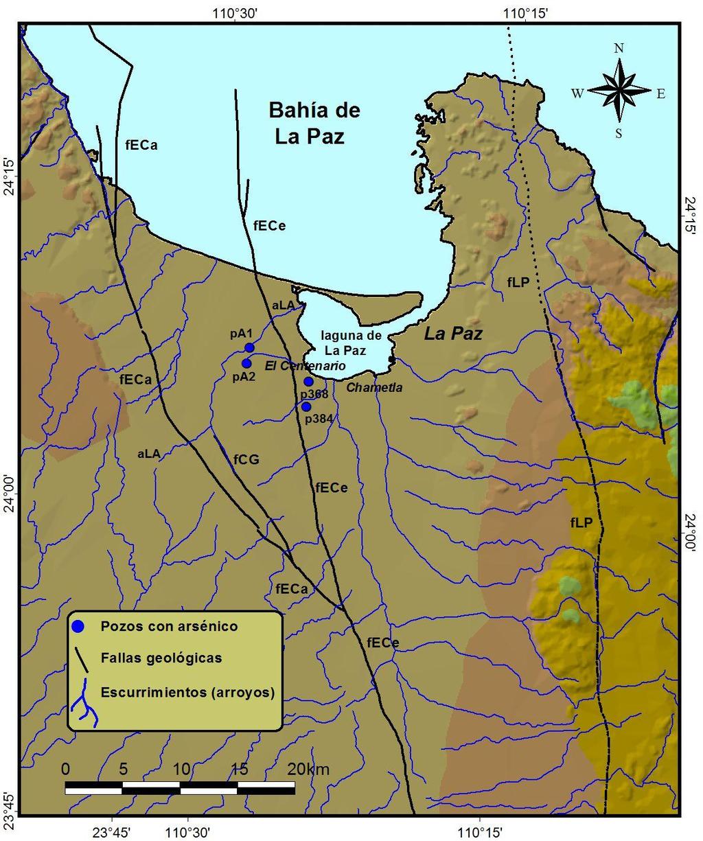 Localización de fallas geológicas principales cercanas al acuífero de La Paz Falla El Carrizal (feca), falla Colinas de Garambullo (fcg), falla El Centenario (fece), y falla La Paz (flp).