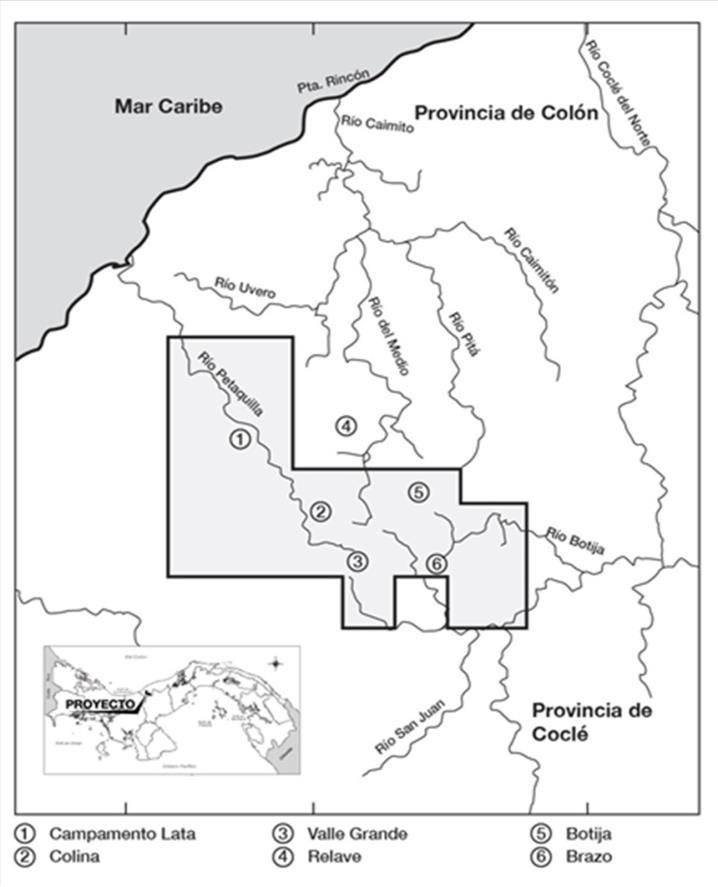 Fig. 1 Mapa del área de estudio. El área sombreada corresponde a los terrenos de la concesión de Minera Panamá S.A.