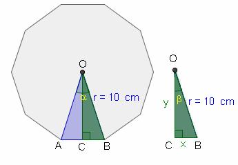 Unidad Trigonometría I 0 Halla el área de un decágono regular circunscrito a una circunferencia de 0 cm de radio Llamamos a la apotema OC y y a litad del lado CB Como es un decágono regular cada uno