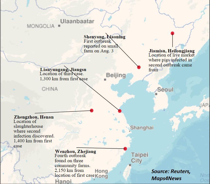 FOCOS DE PESTE PORCINA AFRICANA EN CHINA (al 28 de agosto de 2018) Shenyang, Liaoning Primer brote reportado el 3 de agosto en una pequeña granja Lianyungang, Jiangsu Tercer caso, ubicado a 1,300 km