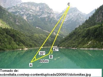 Un topògraf desitja mesurar l'altura del cim de la muntanya sobre el nivell del llac. Per això pren les mesures que apareixen en la figura. A quina altura està el cim pel que fa al llac? 11.