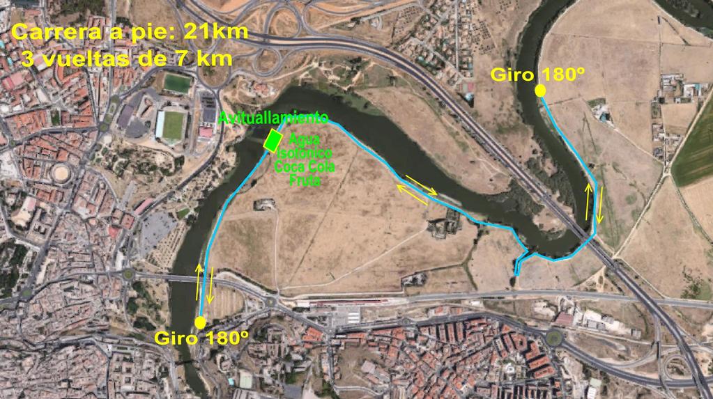 9.5 SEGMENTO DE CARRERA A PIE La carrera a pie consta de 3 vueltas de 7 km cada una para completar los 21km.
