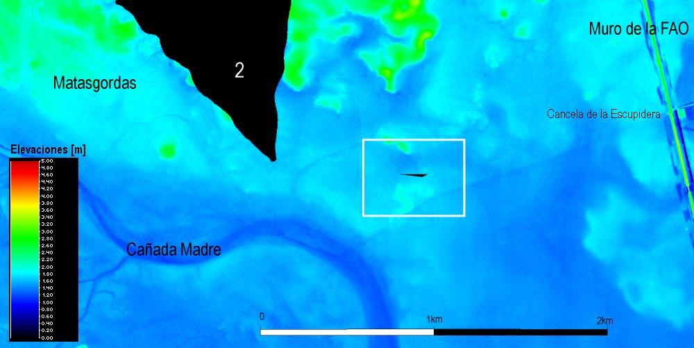 Figura 5.18. Situación de la isla detectada en el modelo en el área de Matasgordas. Se ha marcado el área con un cuadro. Áreas inundadas.