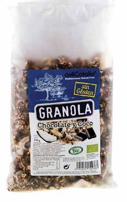 delicatalia Granola Granola Chocolate and Coconut Ingredients: Gluten-free oat flakes*, rice syrup*, chocolate chunks* (8%) (cocoa*, agave syrup*, cocoa butter*, agave inulin*, sunflower lecithin*