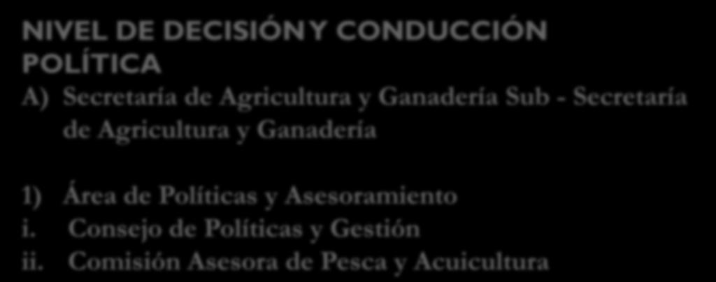 RESUMEN DE LA ESTRUCTURA FUNCIONAL DE LA ADMINISTRACIÓN PESQUERA Y ACUÍCOLA NIVEL DE DECISIÓN Y CONDUCCIÓN POLÍTICA A) Secretaría de Agricultura y Ganadería