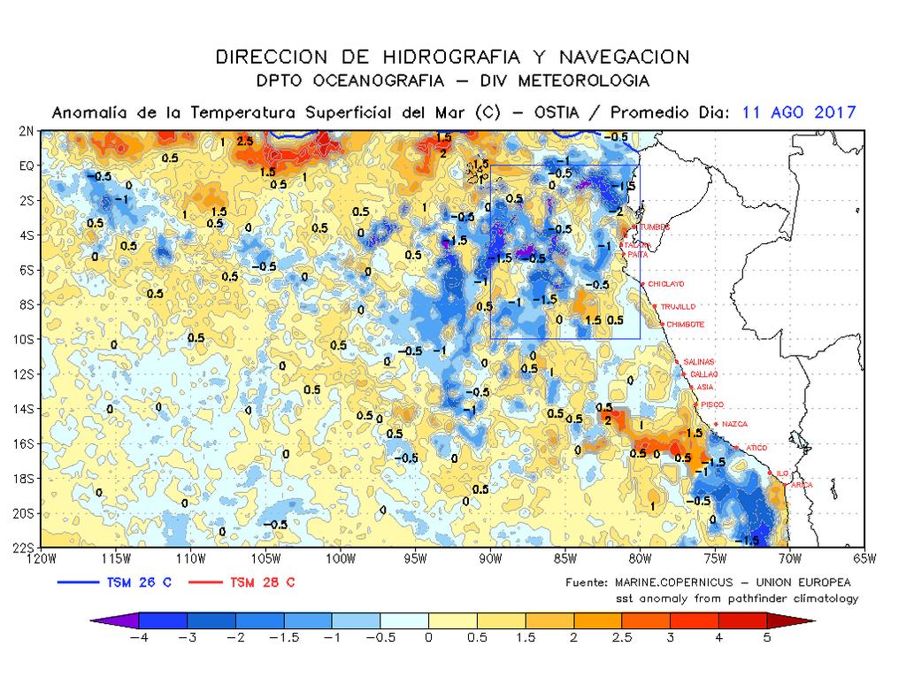 Por otro lado, en la región Niño 1+2 la temperatura disminuye hacia las costas de Ecuador y Perú, desde 22 C hasta 18 C aproximadamente.
