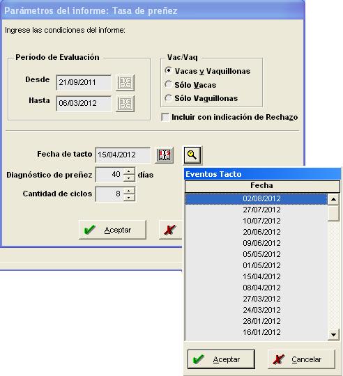 En parámetros de los listados Seguimiento de protocolos reproductivos y Análisis de efectividad de protocolos reproductivos, se agregó un botón que accede a una ventana que muestra las fechas de