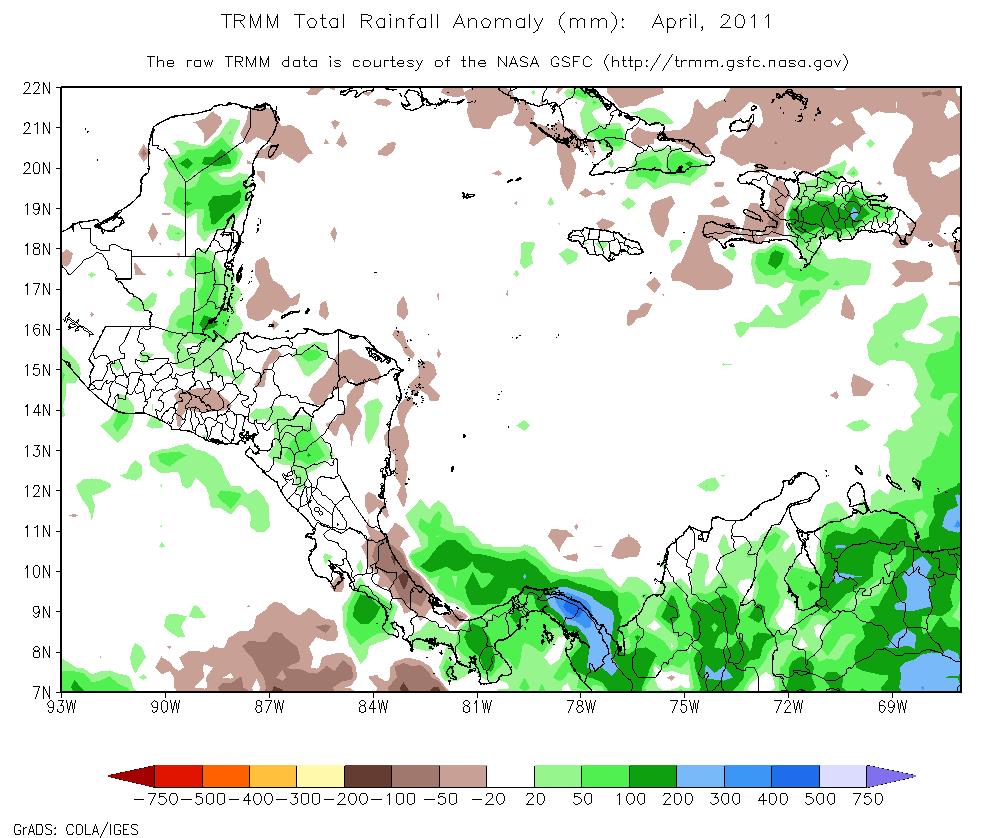 En la figura 4 se observa la anomalía de la estimación de lluvia (mm) del satélite TRMM del mes en estudio: déficit en el sector Caribe costarricense; mientras en el Pacífico Central las lluvias