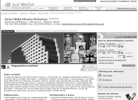46 El único sitio Web que obtuvo la calificación para pertenecer a la categoría cinco fue el hotel Sol Meliá Reforma que obtuvo un puntaje final de 33 puntos, el sitio Web, contiene una gran cantidad