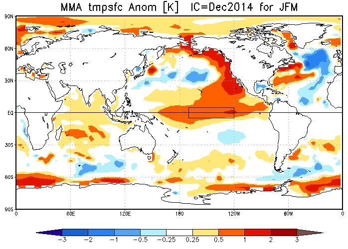 Figura 6. Pronóstico multimodelo de la distribución horizontal de la anomalía de temperatura del mar para el periodo enero-marzo del 2015.