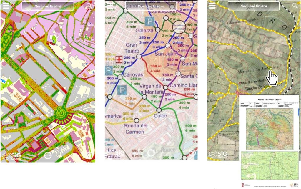 Figura 14: Ejemplos de contenidos: mapa de pendientes, metrominuto y red de caminos.