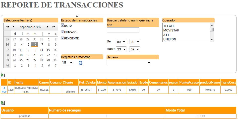 Reportes / Transacciones El siguiente reporte te permite verificar las transacciones realizadas por día, semana o mes.