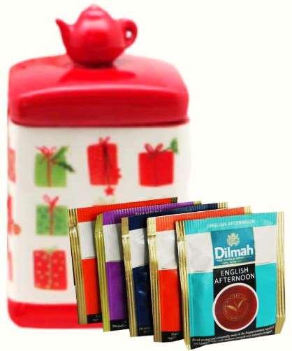 Porta té navideño COD: *CORNAV019 Práctico y hermoso porta té navideño de cerámica (medidas 9 x 7,5 x 14,5 cm). + 5 bolsitas de té Dilmah sabores surtidos.