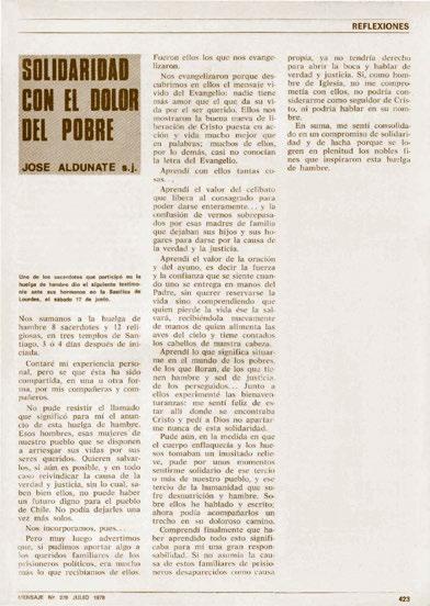 IGLESIA MSJ Solidaridad con el dolor del pobre José Aldunate S.J. Este texto fue escrito por el sacerdote José Aldunate S.J. en Mensaje n 270, julio de 1978, tras haber participado en una huelga de hambre en protesta por casos de detenidos desaparecidos.