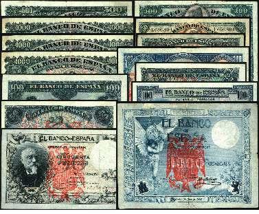 las 100 y las 1000 pesetas (dos) de 1925; 25 pesetas de 1926 y las 500