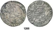 1205 1571. Amberes. 1/5 de escudo. (Vti. 857). 6,66 g. MBC+. Est. 225................ 175, 1206 s/d.
