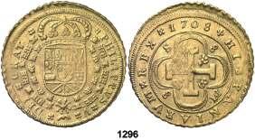 1296 1708. Sevilla. M. 8 escudos. (Cal. 168) (Cal.Onza falta). 26,92 g. S-8/8-M. Tipo cruz. Atractiva.