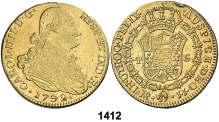 Madrid. MF. 4 escudos. (Cal. 202). 13,49 g. MBC+. Est. 500................ 400, 1412 1792. Santa Fe de Nuevo Reino. JJ. 4 escudos. (Cal. 262) (Restrepo 93-2).
