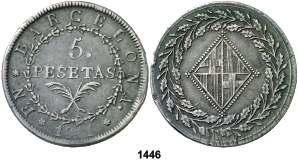 100............. 60, 1446 1811. Barcelona. 5 pesetas. (Cal. 18). 26,71 g. 22 rosetas.