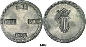 Tarragona. 5 pesetas. (Cal. 653). 26,74 g. Escudo ancho. MBC+. Est. 225....... 125, 1490 1809.