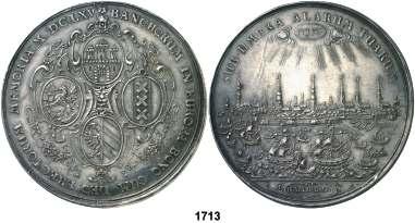 : Escudos de Hamburgo, Núremberg, Venecia y Amsterdam. 36,04 g. Plata. 50 mm. Firmado: I. R.