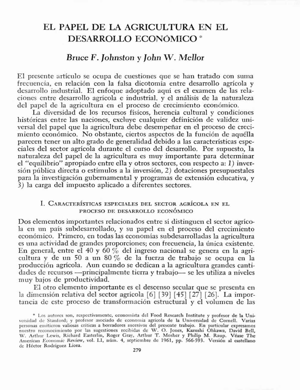 EL PAPEL DE LA AGRICULTURA EN EL DESARROLLO ECONÓMICO * Bruce F. Johnston y John W.