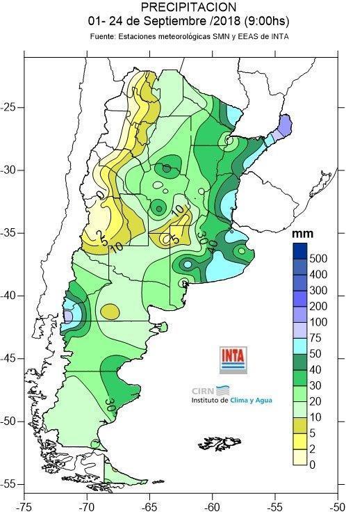 Análisis de la precipitación semanal del 17 al 24 de Septiembre de 2018 (9:00 hs.) Fig. 01: Precipitación (mm) observada entre el 17 y el 24 de Septiembre de 2018 (9:00 hs.). Fig. 02: Precipitación (mm) observada entre el 01 y el 24 de Septiembre de 2018 (9:00 hs.