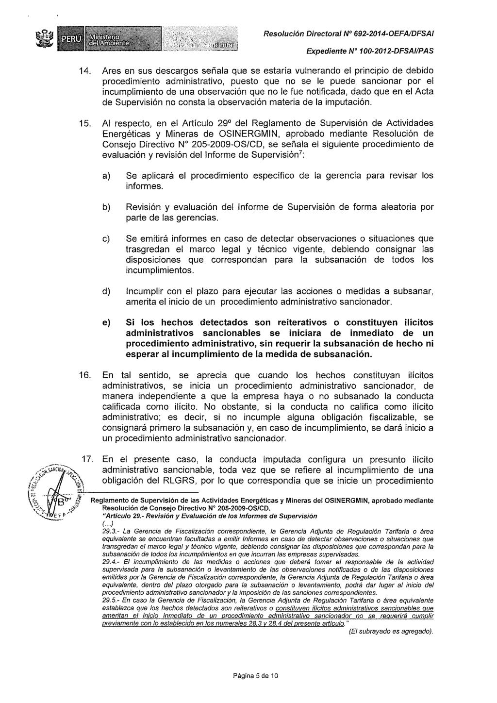 Resolución Directora/ N" 692-2014-0EFAJDFSA/ Expediente N' 100-2012-DFSAI/PAS 14. 15.