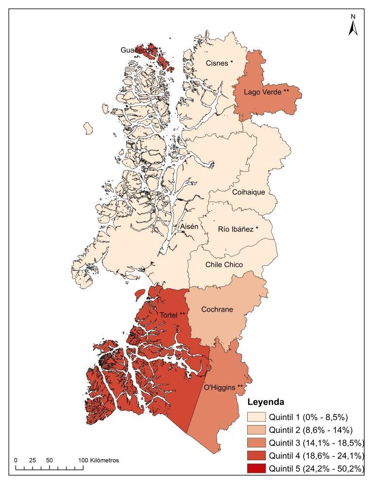 Porcentaje de población en situación de Pobreza por Ingresos en comunas de la Región de Aysén (2015) Porcentaje de población en situación de Pobreza Multidimensional en comunas de la Región de Aysén