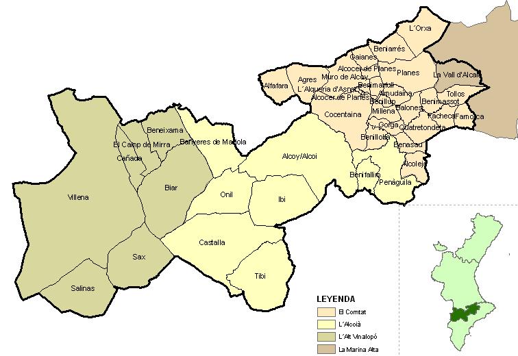 Figura 1. Localización de la demarcación de Alcoi, de sus comarcas y municipios. Destacan los municipios de Alcoi, Ibi y Villena, donde se concentra el 62% de la población de la demarcación.